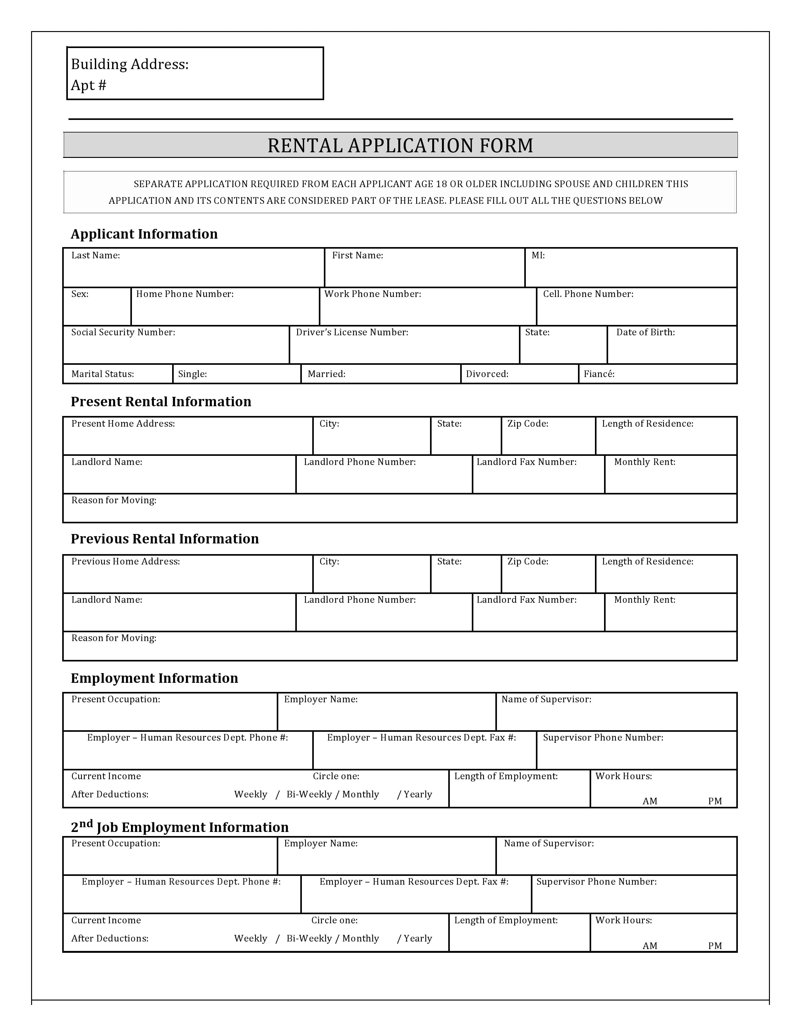 Printable Rental Application Form